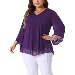 Plus Size 3/4 Sleeve Scoop Neck Double Layers Chiffon Blouse Purple